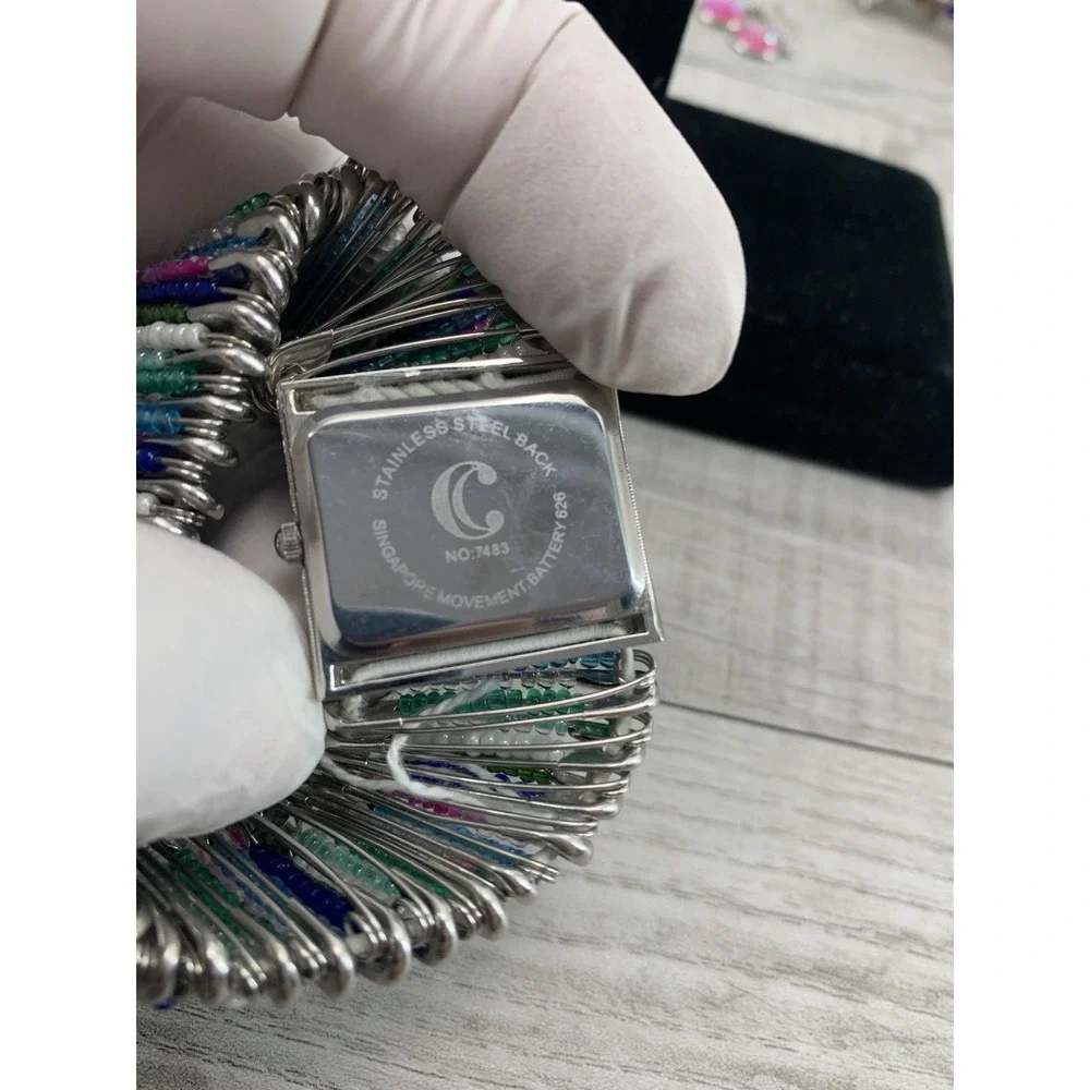 Wristwatch Silver Tone Rectangular White Face Colorful Beaded Paper Clip‎ Band